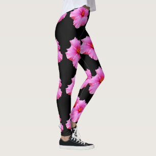 Pink Hibiscus Flowers On Black , Ladies Leggings