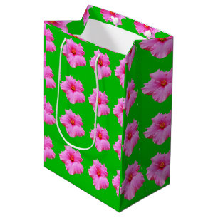 Pink Hibiscus Flowers On Green, Medium Gift Bag