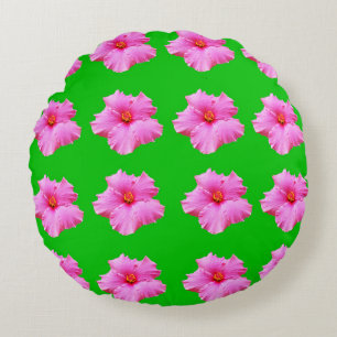 Pink Hibiscus Flowers On Green, Round Cushion