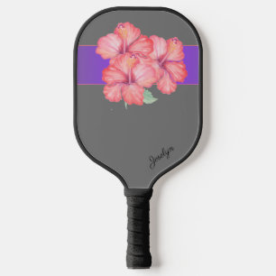 Pink Hibiscus Flowers on Grey Personalised Pickleball Paddle