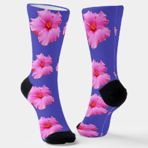 Pink Hibiscus Flowers On Purple, Socks