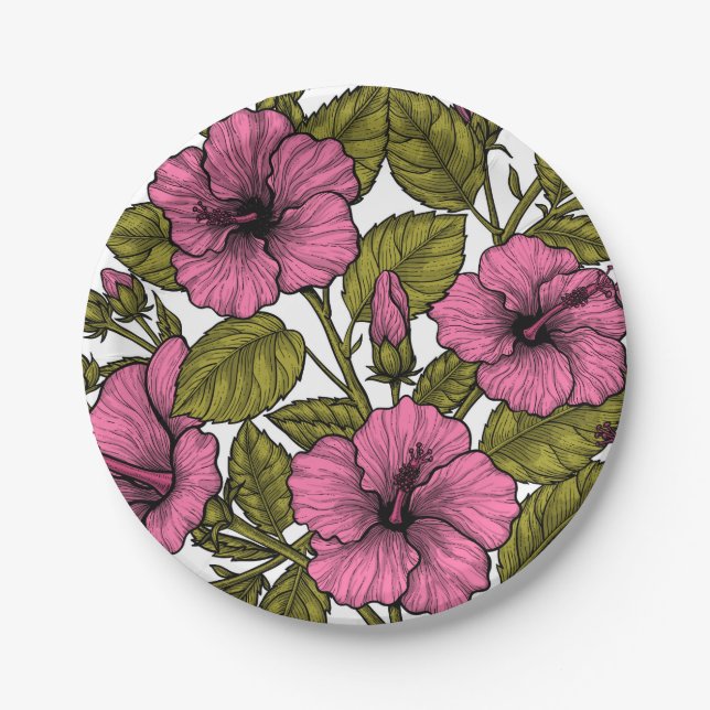 Pink hibiscus flowers paper plate (Front)