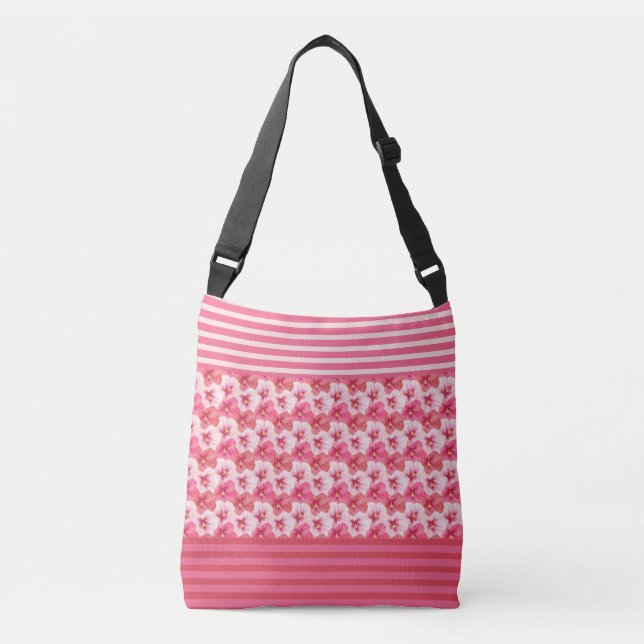 Pink Hibiscus Flowers & Stripes Floral Tote (Front)