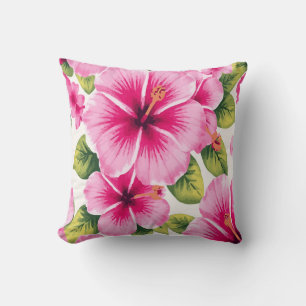 Pink Hibiscus Flowers – Tropical Elegant White  Cushion