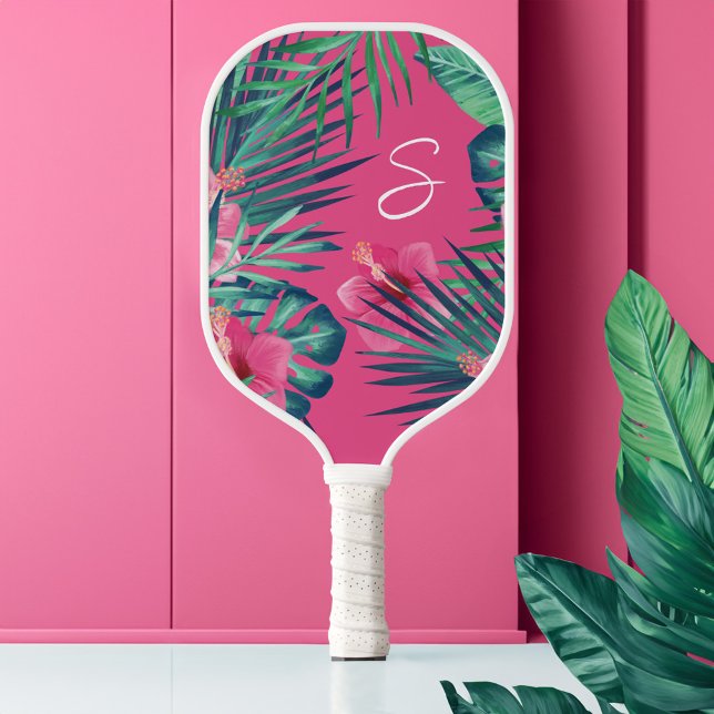Pink Hibiscus Flowers Tropical Palm Leaf Monogram Pickleball Paddle (Pink Hibiscus Flowers Tropical Palm Leaf Monogram Pickleball Paddle)