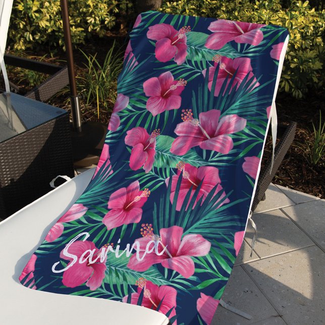Pink Hibiscus Flowers & Tropical Palm Leaf Oasis Beach Towel (Creator Uploaded)