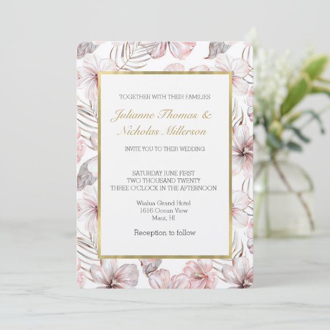 Pink Hibiscus Flowers Wedding Invitation (Standing Front)