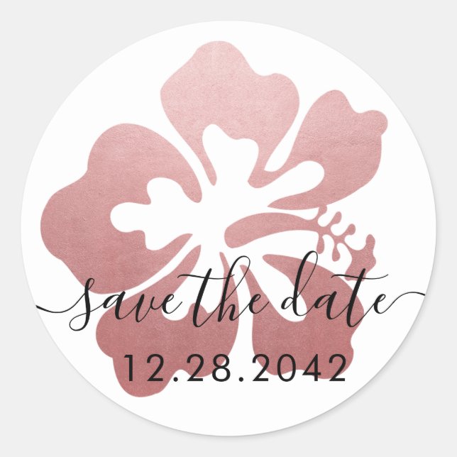 Pink Hibiscus Hawaii Wedding Save the Date Classic Round Sticker (Front)