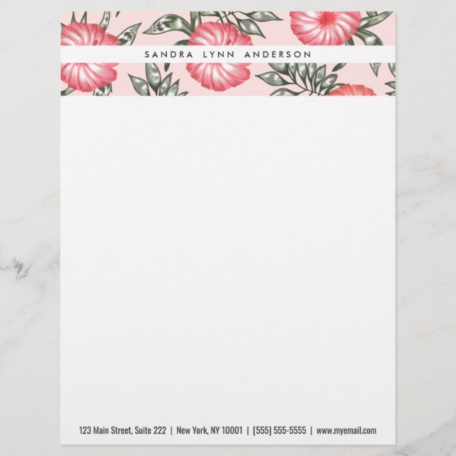 Pink Hibiscus Hawaiian Flower Pattern Custom Letterhead (Front)