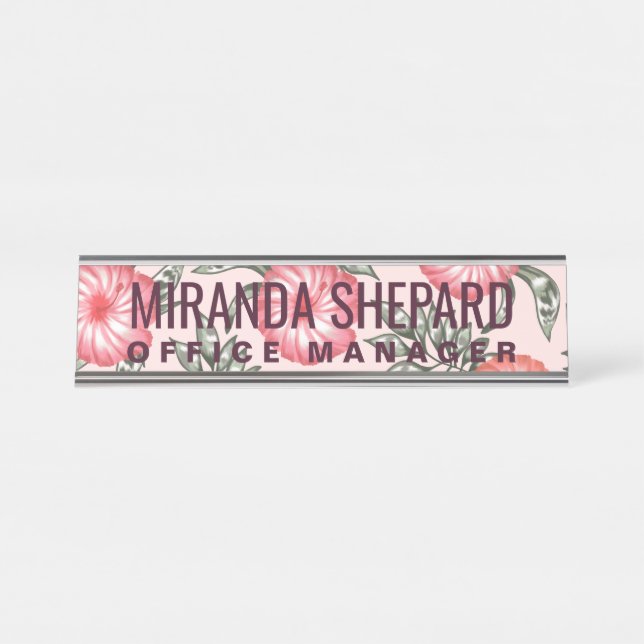 Pink Hibiscus Hawaiian Flower Pattern Desk Name Plate (Front)
