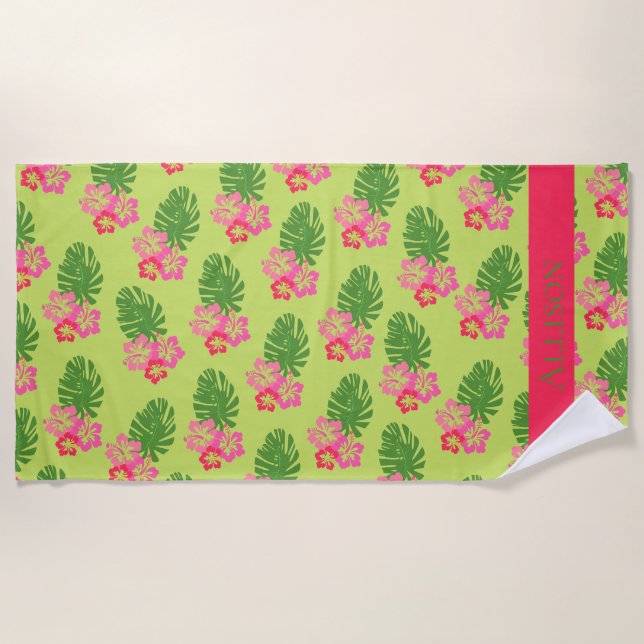 Pink Hibiscus Hawaiian Flower Pattern In Green Beach Towel (Front)