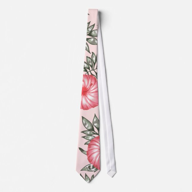 Pink Hibiscus Hawaiian Flower Pattern Tie (Front)