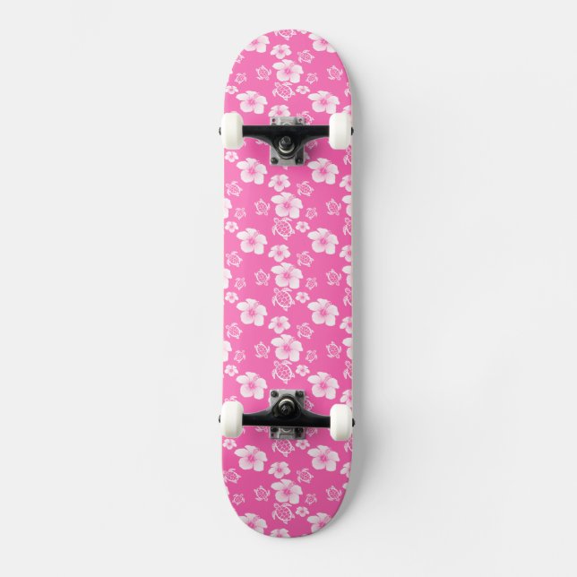 Pink Hibiscus Honu Hawaiian Pattern Skateboard (Front)