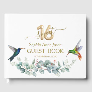 Pink Hibiscus Humming birds Gold Sweet 16 Birthday Guest Book