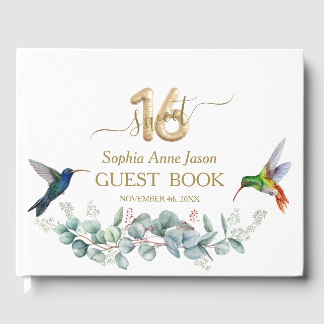 Pink Hibiscus Humming birds Gold Sweet 16 Birthday Guest Book (Front)