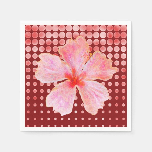 Pink Hibiscus on a Red Dotted Background Napkin (Front)