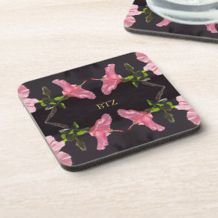 Pink Hibiscus on Black Coaster