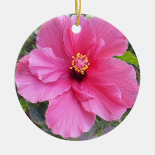 Pink Hibiscus ornament, customize Ceramic Tree Decoration