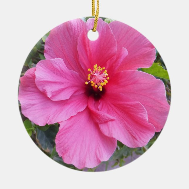 Pink Hibiscus ornament, customize Ceramic Tree Decoration (Front)