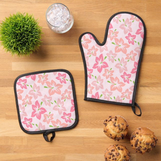 Pink Hibiscus, Pink Flowers, Pattern Of Flowers Oven Mitt & Pot Holder Set (Top Down)