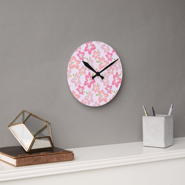 Pink Hibiscus, Pink Flowers, Pattern Of Flowers Round Clock (Office)