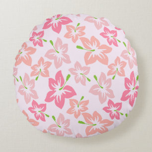 Pink Hibiscus, Pink Flowers, Pattern Of Flowers Round Cushion