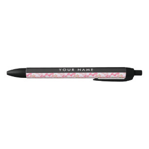 Pink Hibiscus, Pink Flowers, Your Name Black Ink Pen