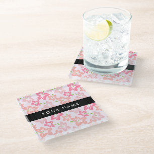 Pink Hibiscus, Pink Flowers, Your Name Glass Coaster