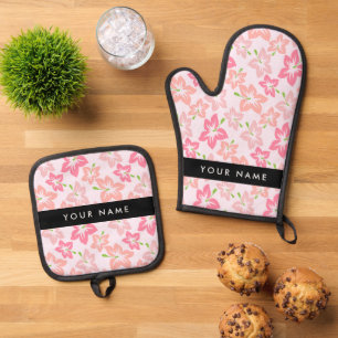 Pink Hibiscus, Pink Flowers, Your Name Oven Mitt & Pot Holder Set