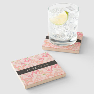 Pink Hibiscus, Pink Flowers, Your Name Stone Coaster