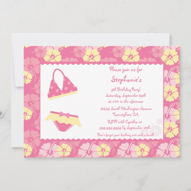 Pink hibiscus swimming birthday party invitation (Front)