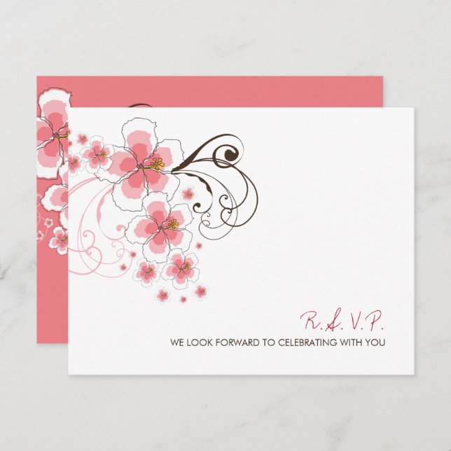 Pink Hibiscus Tropical Beach Wedding RSVP Card (Front/Back)