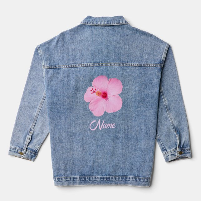 Pink Hibiscus Tropical Flower Denim Jacket (Back)