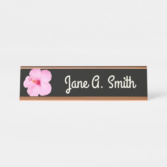 Pink Hibiscus Tropical Flower Desk Name Plate (Front)