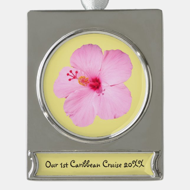 Pink Hibiscus Tropical Flower Silver Plated Banner Ornament (Front)