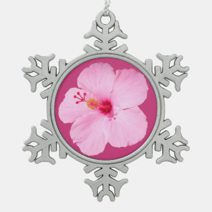 Pink Hibiscus Tropical Flower Snowflake Pewter Christmas Ornament