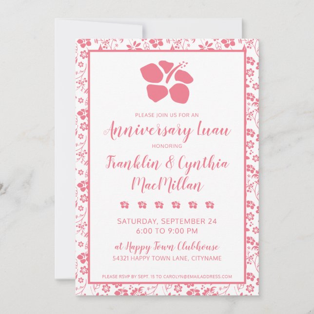 Pink Hibiscus Tropical Flowers Anniversary Luau Invitation (Front)
