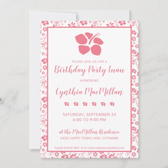 Pink Hibiscus Tropical Flowers Birthday Invitation (Front)