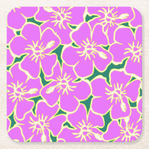 Pink Hibiscus Tropical Flowers Hawaiian Luau Party Square Paper Coaster