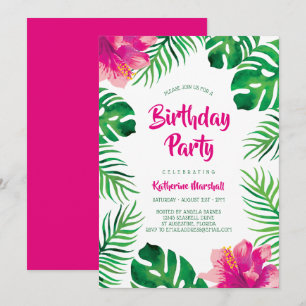 Pink Hibiscus Tropical Leaves Birthday Party Invitation