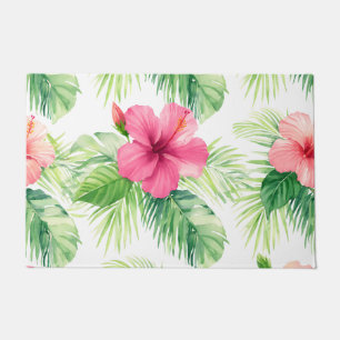 Pink Hibiscus Tropical Palm Watercolor Doormat