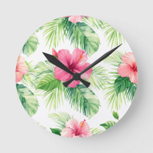 Pink Hibiscus Tropical Palm Watercolor Round Clock
