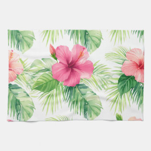 Pink Hibiscus Tropical Palm Watercolor Tea Towel