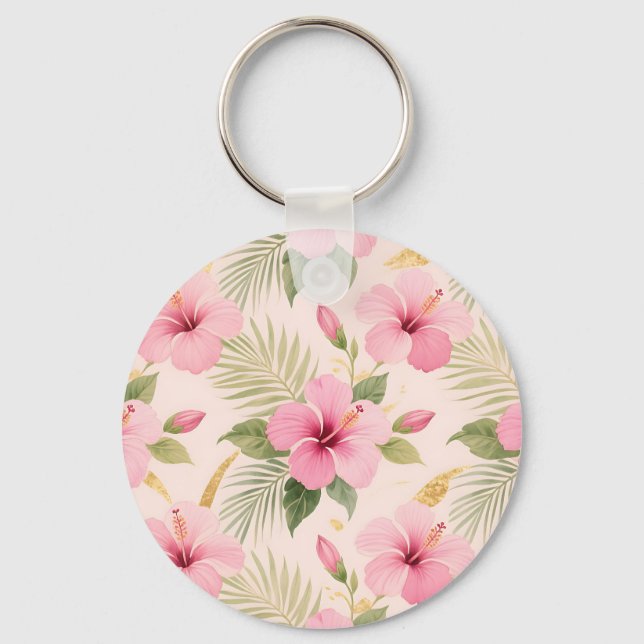 Pink Hibiscus Tropical Seamless Pattern Key Ring (Front)
