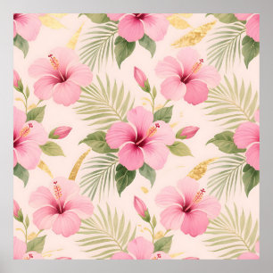 Pink Hibiscus Tropical Seamless Pattern Poster