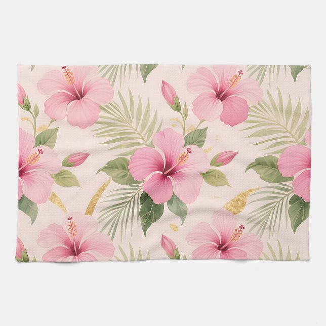 Pink Hibiscus Tropical Seamless Pattern Tea Towel (Horizontal)