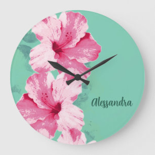 Pink Hibiscus Tropical Teal Clock