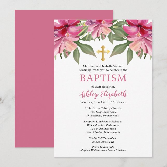 Pink Hibiscus Tropical Watercolor Floral Baptism Invitation (Front/Back)