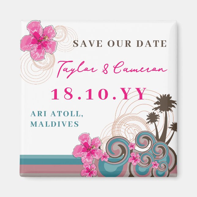Pink Hibiscus Tropical Waves Beach Save The Date Magnet (Front)