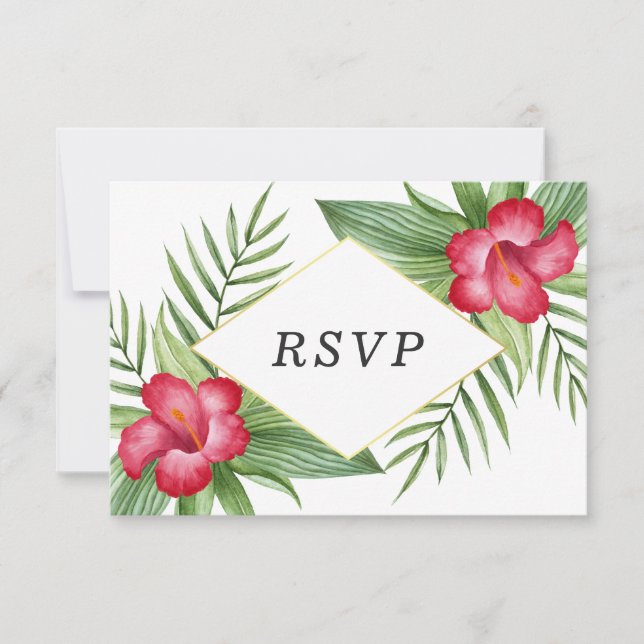 Pink Hibiscus Tropical Wedding RSVP Card (Front)